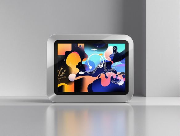 A sleek, modern picture frame prototype, displaying a vibrant digital artwork, set against a minimalist studio backdrop.