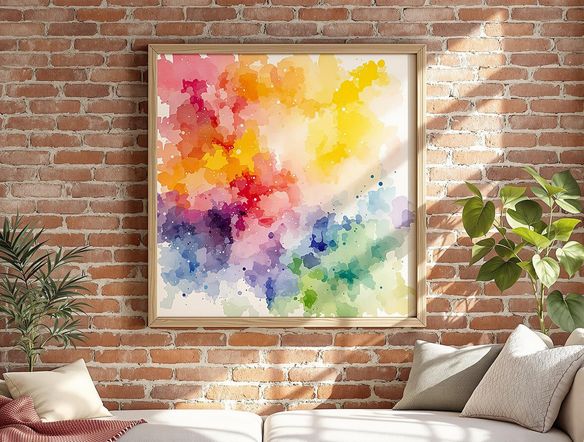 A vibrant watercolor painting displayed in a rustic wooden frame, hanging on a textured brick wall in a sunlit living room. Warm, inviting atmosphere, highlighting the artwork's colors and details. Soft, diffused light.