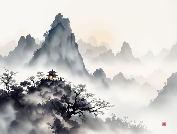 Generate ink wash art of a misty mountain landscape with a small pagoda, using a bamboo brush effect, soft gradients, and subtle ink bleeds, East Asian calligraphy generator influence.