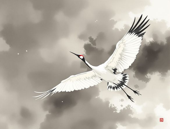 An AI Sumi-e painting of a majestic crane in flight, rendered with traditional ink wash techniques, delicate brushstrokes, serene atmosphere, Japanese ink painting AI style.