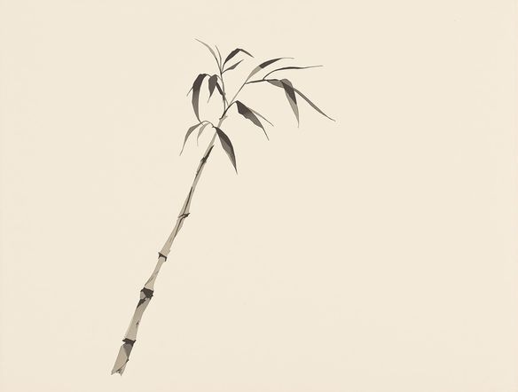 A serene ink wash painting of a lone bamboo stalk swaying in a gentle breeze, rendered in traditional sumi-e style with subtle ink variations and negative space.