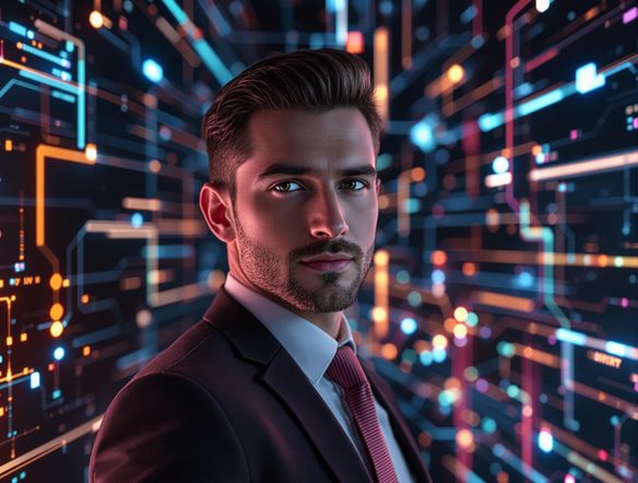 A sleek, modern email signature design with a professional headshot, set against a backdrop of interconnected digital networks and glowing data streams, reflecting innovation.