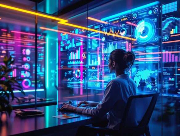 A futuristic office setting, holographic charts floating mid-air, sleek AI assistant interface projected on a glass wall, vibrant and dynamic.