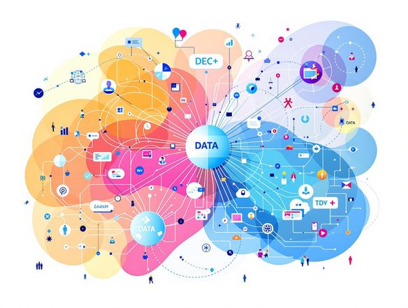 A vibrant, modern presentation slide featuring a complex network diagram created as an SVG. Use a clean, minimalist style with a professional color palette. The diagram represents data flow and connectivity.