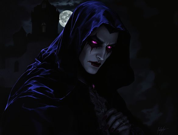 A gothic vampire character portrait, intricately designed with flowing dark robes and piercing eyes, rendered in a highly detailed, painterly style. Emphasize shadows and dramatic lighting.