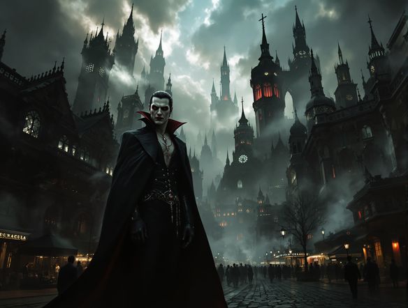 A vampire character in a modern city setting, wearing stylish dark clothing, with a hint of ancient power. Incorporate dracula style art influences in the background architecture.
