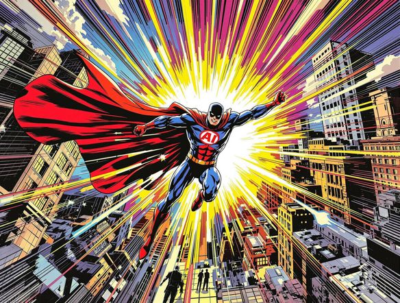 A dynamic comic book panel with a superhero bursting through a cityscape, vibrant colors, halftone effect, action lines, dramatic perspective, and a bold title: 'AI Comics'.