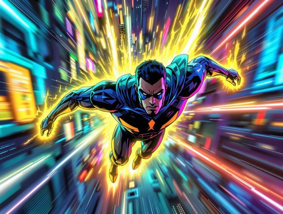 A vibrant comic book panel depicting a superhero soaring through a futuristic cityscape. Dynamic action lines, bold colors, and a sense of speed. Emphasize the hero's determined expression.