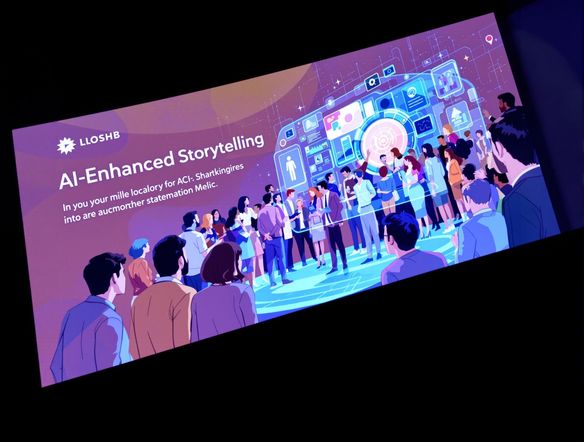 A sleek, modern presentation slide featuring a comic-style illustration. The illustration should convey a sense of innovation and collaboration, with clean lines and a professional color palette. Text overlay: 'AI-Enhanced Storytelling'.