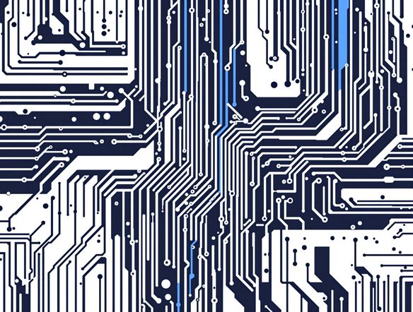 Generate a modern, minimalist PNG logo with a transparent background for a tech startup. The logo should feature a stylized circuit board pattern in shades of blue and white.