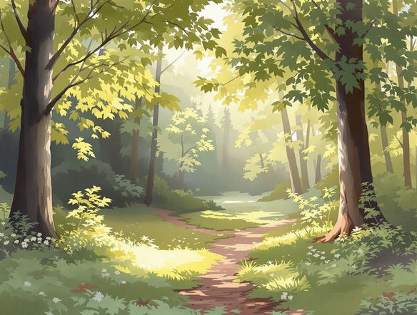 A serene landscape rendered in a digital gouache painting style, featuring thick, visible brushstrokes and a palette of earthy tones. The scene depicts a quiet forest clearing bathed in soft sunlight. Generate gouache art.