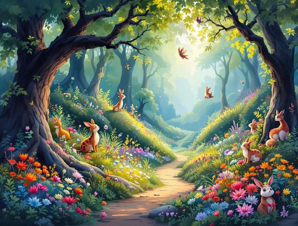 A vibrant gouache illustration of a whimsical forest scene, with textured brushstrokes and a painterly feel, showcasing magical creatures and flora.