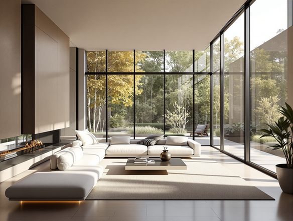 A photorealistic architectural render of a modern minimalist living room with large windows, natural light, and sleek furniture. High detail, architectural rendering tool style.