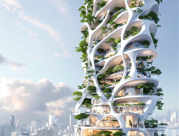 A futuristic architectural concept design for a sustainable skyscraper, showcasing organic shapes and integrated green spaces, rendered in a sleek, modern style. AI architecture design visualization.