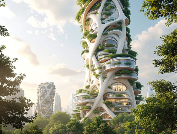 Futuristic architectural design of a sustainable skyscraper, showcasing sleek lines and integrated greenery, bathed in soft, natural light. Photorealistic.