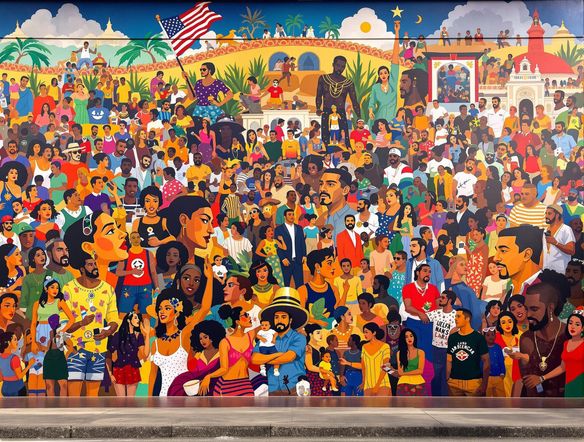 A vibrant, large-scale mural depicting diverse people and cultural symbols of Latin America, rendered in the bold, expressive style of Latin American muralism, with a subtle AI-generated aesthetic.