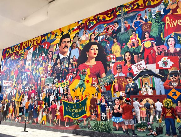 A vibrant, large-scale Mexican mural depicting revolutionary figures and cultural symbols, rendered in the style of Diego Rivera, with bold lines and rich colors. AI Mexican mural art concept.