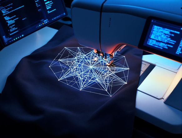 An overhead view of a modern sewing machine creating a complex geometric embroidery pattern on fabric, facilitated by AI pattern creation software for embroidery.