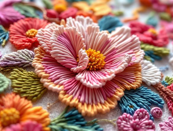 A close-up, highly detailed view of a vibrant floral embroidery design, showcasing intricate stitches and rich colors, generated by an AI stitch art generator.
