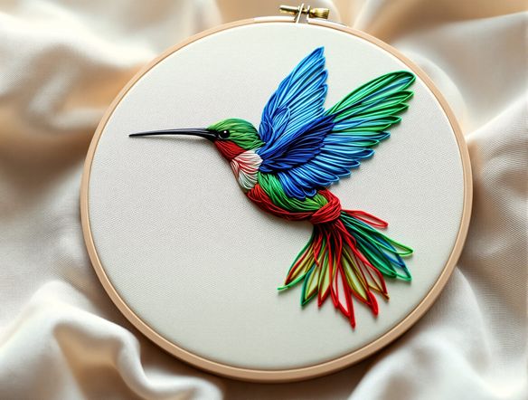 An intricate embroidery hoop showcasing a vibrant, stylized hummingbird mid-flight, with threads appearing to weave themselves, set against a soft, textured fabric background.