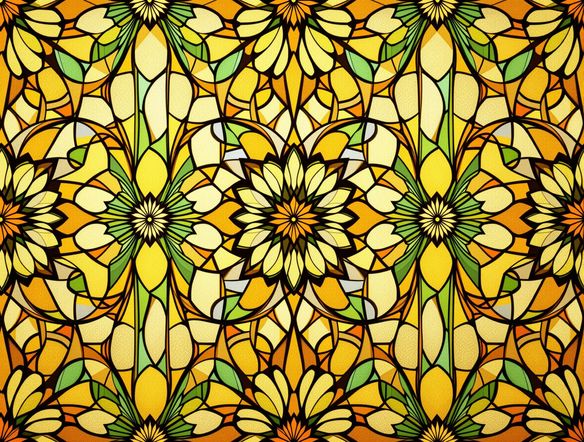 A seamless geometric stained glass pattern with Art Nouveau influences, incorporating stylized floral motifs and rich amber and emerald colors. Vintage stained glass pattern maker aesthetic.