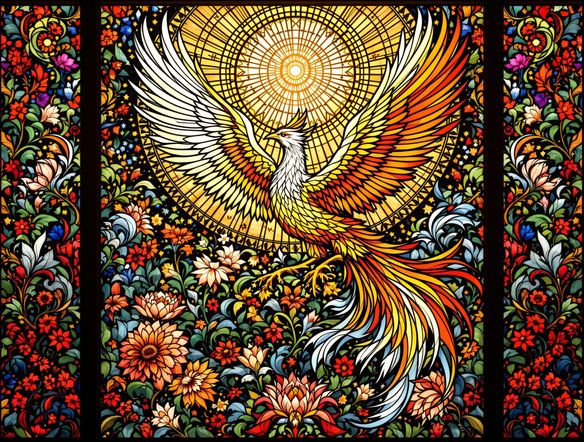 Intricate Victorian stained glass window design featuring a phoenix rising from ornate floral patterns, bathed in warm, ethereal light, showcasing vibrant jewel tones and leaded outlines.