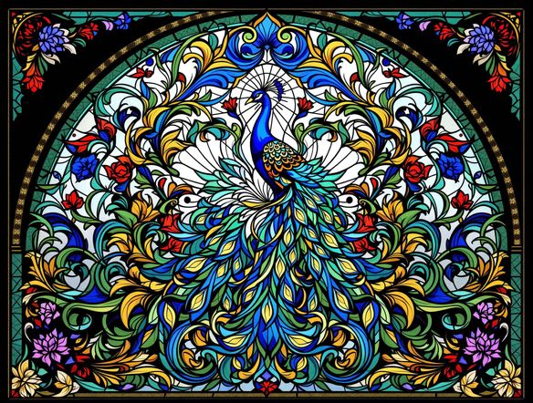 An intricate Victorian stained glass window design, featuring a central peacock motif with flowing floral elements, rendered in jewel tones. Ornate glass design AI style.