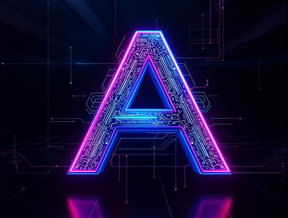 A futuristic, neon-glowing icon representing a stylized letter 'A' with circuit patterns, set against a dark, abstract background.