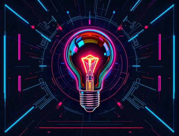 Generate an icon of a stylized lightbulb emitting radiant light, symbolizing innovation. Use a neon color palette and incorporate geometric patterns for a futuristic look. avatar ai generator, free ai avatar video generator related inspiration.