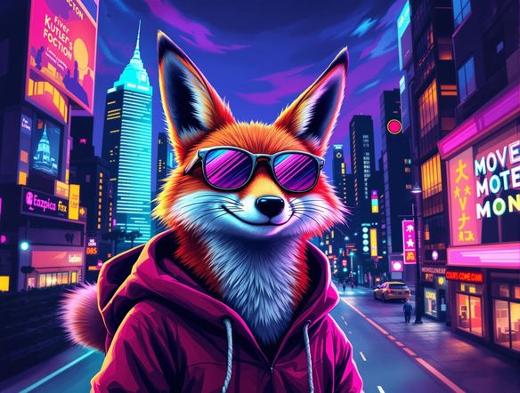 Generate a vibrant cartoon logo of a smiling fox wearing sunglasses, set against a neon cityscape. Style: playful, modern, suitable for a sweatshirt mockup generator.