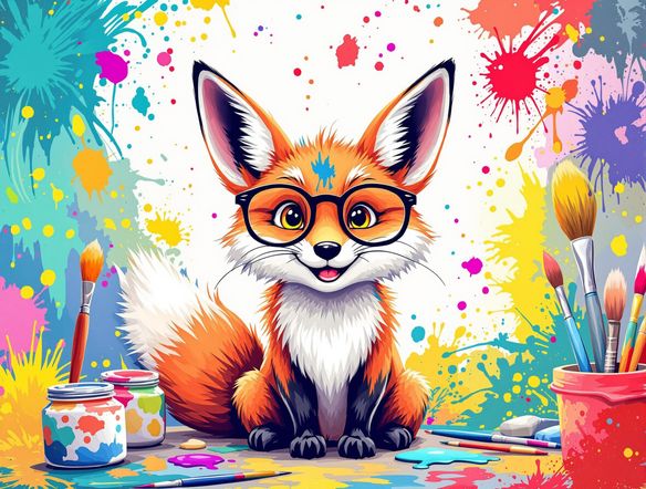 A cartoon logo featuring a smiling fox wearing glasses, surrounded by colorful paint splatters and art tools, digital art.