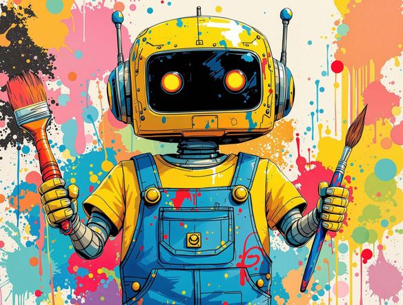 Create a whimsical cartoon logo featuring a friendly robot holding a paintbrush, with a backdrop of colorful paint splatters. Style: cheerful, artistic, perfect for a free sweatshirt mockup generator.