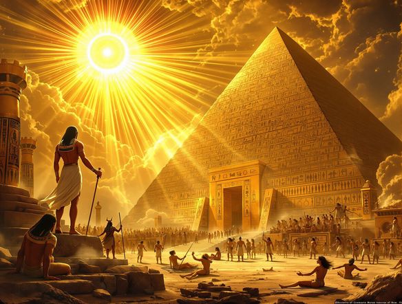 An epic scene depicting the sun god Ra descending upon a gathering of Egyptian gods and a powerful pharaoh before a colossal pyramid, rendered with intricate hieroglyphics art maker style, golden hues, divine light.