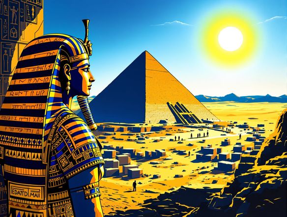 A majestic pharaoh overlooking a vast desert landscape with a partially constructed pyramid, rendered in the distinct artistic style of ancient Egyptian tomb paintings, vibrant colors, hieroglyphic details.