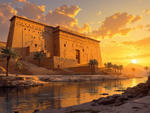 A majestic Egyptian temple bathed in golden sunlight, hieroglyphs adorning the walls, a serene Nile river in the foreground, with a subtle AI-generated artistic flair.