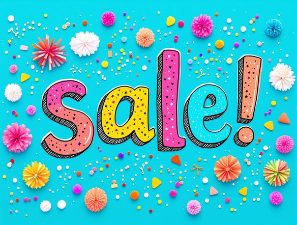 A vibrant Facebook ad featuring a bold, hand-drawn scrapbook font on a background of scattered paper embellishments. The font spells out 'Sale!' in a playful, eye-catching way. The overall aesthetic is fun, energetic, and attention-grabbing. facebook ad generator ai