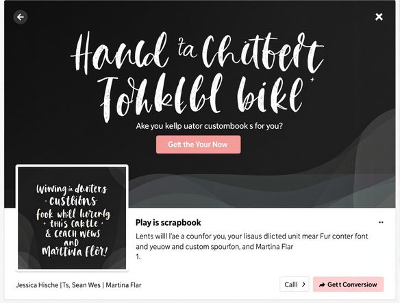 A screenshot of a Facebook ad preview generator displaying an ad with a custom scrapbook font. The ad features a hand-lettered headline and playful bullet points, showcasing the font's versatility. The overall design is clean, professional, and optimized for conversions. free facebook ad copy generator