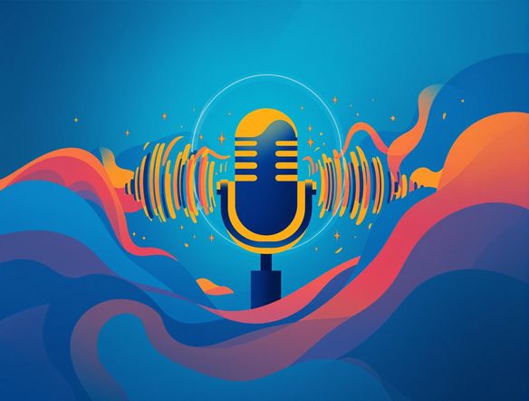 A vibrant and eye-catching podcast cover art featuring abstract sound waves and a microphone silhouette, with a modern and minimalist design. Use bold colors and dynamic composition to convey energy and excitement.