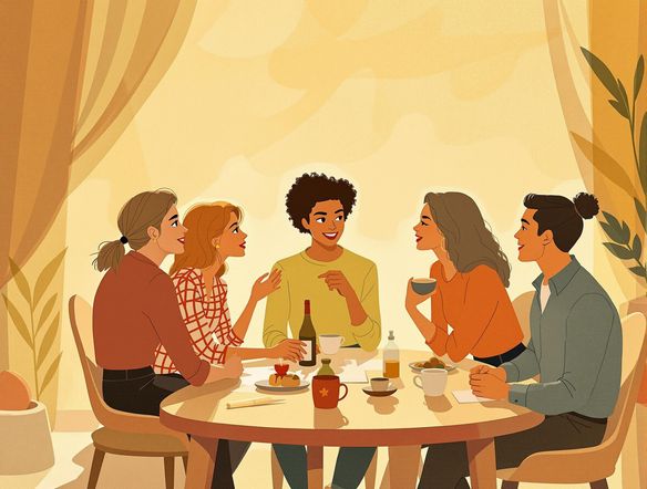 A podcast cover featuring a stylized illustration of people talking around a table, representing a conversational podcast. Use warm, inviting colors and a friendly, approachable style to convey a sense of community and connection.