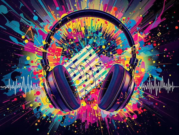 A vibrant podcast cover art design, featuring headphones intertwined with musical notes and sound waves, set against a colorful, abstract background.