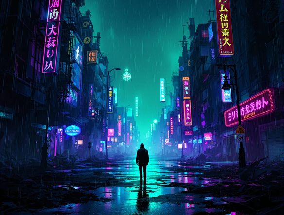 A lone, shadowy figure stands amidst a decaying cityscape bathed in toxic green and electric blue neon light, cyberpunk horror, Neontok style art, atmospheric, highly detailed.