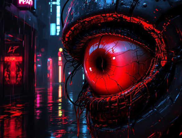 Close-up of a cracked robotic eye glowing with malevolent red light, wires spilling out, against a backdrop of rain-slicked, neon-drenched futuristic alleyways, cyber horror aesthetic, unsettling atmosphere.
