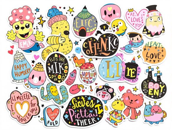 An array of vibrant, fun stickers floating on a clean white background, showcasing various themes and styles, from playful cartoons to elegant monograms.