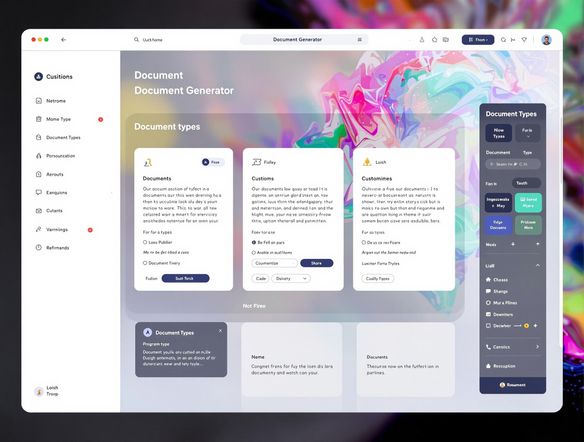A sleek, modern interface of a document generator, displaying various document types and customization options, with a subtle artistic touch.