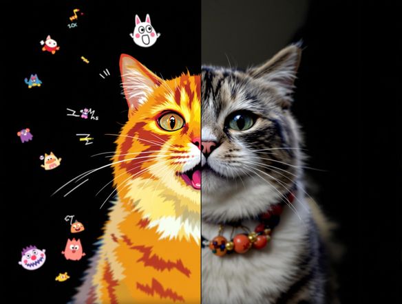 A split-screen image. One side shows a funny gif of a cat. The other side displays a creative, AI-generated caption for the gif. The overall tone is lighthearted and engaging.
