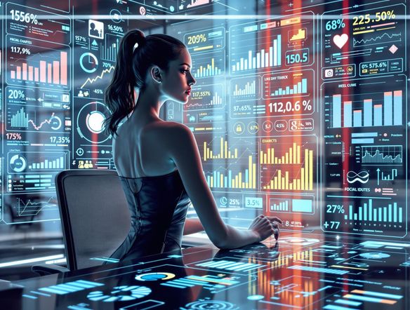 A sophisticated data table summarizing trends in social media engagement. The table includes metrics such as likes, shares, comments, and reach, displayed with dynamic charts and graphs. The design is sleek and modern, with a focus on data visualization.