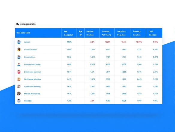 A clean, professional data table showcasing user demographics. The table includes age, location, occupation, and interests. The data is sourced from an AI human generator free, presented in a modern UI with blue and white color scheme.