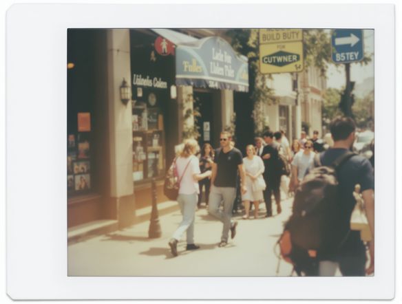 A candid street scene captured as if by an instant camera. Include vibrant yet slightly faded colors, soft focus, and a distinct white border. The image should convey a spontaneous, retro feel.
