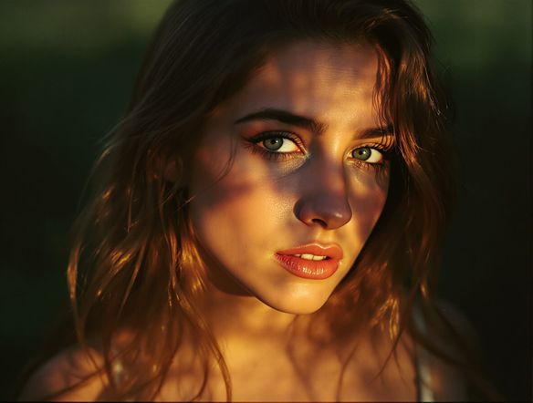 A portrait of a young woman with a nostalgic expression, bathed in soft, warm light. Emulate a vintage photography style with noticeable film grain and muted colors, reminiscent of a classic film camera.