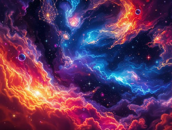 Abstract iPhone wallpaper featuring glowing, swirling nebulae with embedded, stylish text, vibrant colors, high resolution.